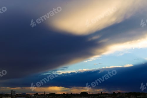 Preview: Amazing Skyscape And Cityscape In Sunset Sky. Concept Of Background Photo.