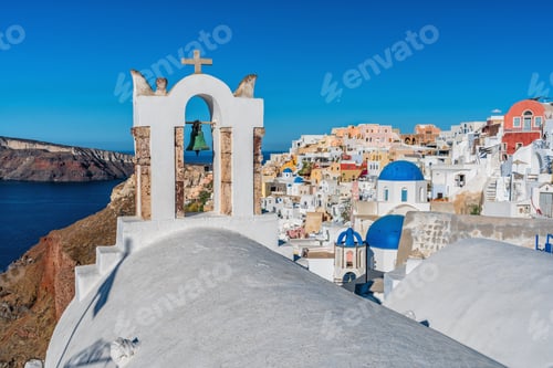 Preview: Orthodox Church On Santorini Island, Greece. Morning Light With Blue Sky