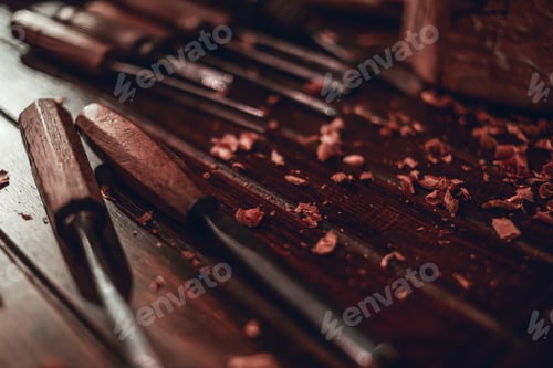 Preview: Woodworking And Crafts Tools. Carpentry Hand Tools On A Workbench. Chisels, Measuring Tools. Wooden