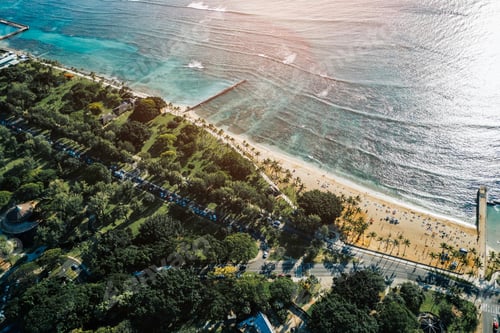 Preview: Aerial View Of Waikiki Queens Beach And Recreational Park In Honolulu. Famous Surfers Beach