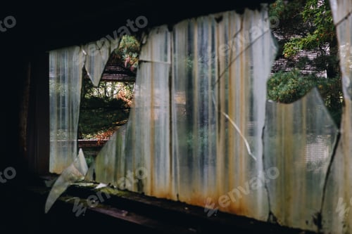 Preview: A View Out Of A Broken Window At A Derelict And Abandoned Poconos Mountain Resort In Pennsylvania.