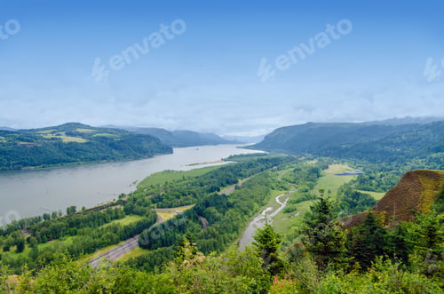 Preview: View Of The Lush Green Columbia River Gorge In Oregon With I-84 Visible
