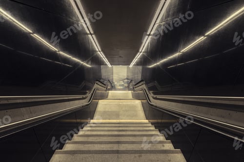 Preview: Staircase With Metal Handrail Going Down To Metro Station