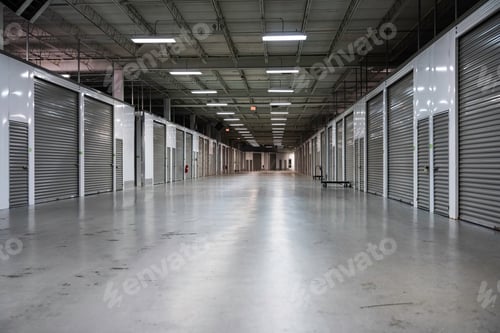 Preview: Wide Corridor In Storage Facility With Gray Doors. Moving, Storage Concept.