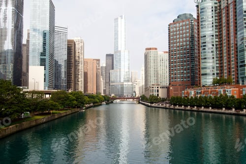 Preview: Color Dslr Stock Image Of Chicago City Skyline Up The Chicago River. Trump Hotel Tower In Center