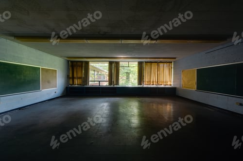 Preview: An Interior View Of A Derelict Classroom With Brown Curtains And Chalkboard At An Abandoned School.