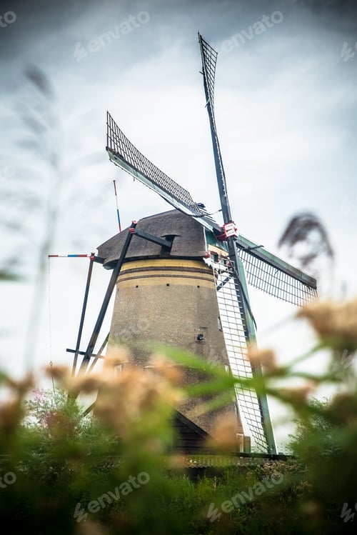 Preview: Dutch Windmill And Surrounding Landscape At Kinderdijk In Netherlands