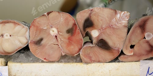 Preview: Fresh Swordfish Steaks Freezing On The Ice At A Fish Market.