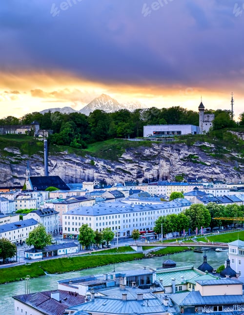 Preview: An Aerial View Of Salzburg, Austria Along The Salzach River During A Storm.