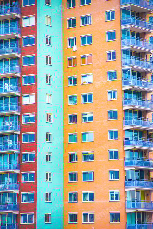 Preview: Bright Colorful Geometric Apartment Building Facade With Windows