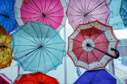 Preview: Colorful Umbrellas Background. Colorful Umbrellas In The Sky. Street Decoration.