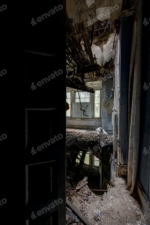 Preview: An Open Door Leads To A Room With A Collapsing Floor And Ceiling In An Abandoned House.
