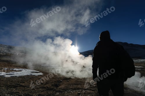 Preview: Traveler Man At Geyser Field El Tatio, Near San Pedro De Atacama, Chile.