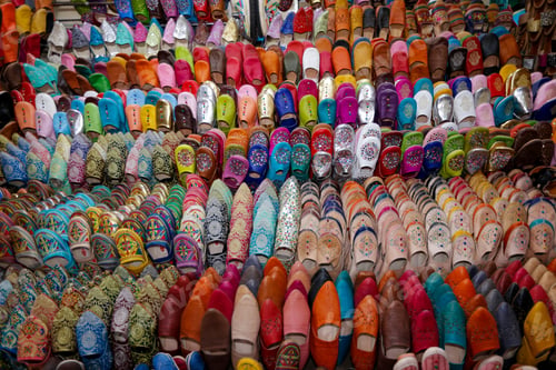 Preview: Colorful Sandals And Shoes On The Jamaa El Fna Market In Old Medina, Marrakesh, Morocco