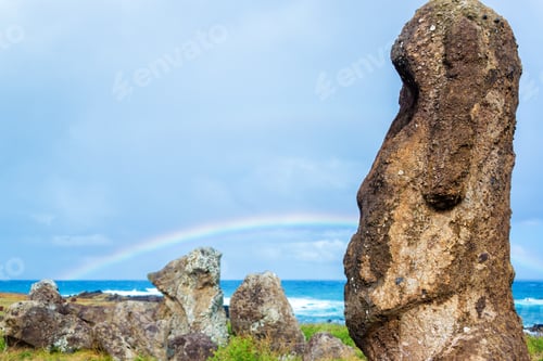 Preview: A Moai On Easter Island With A Rainbow In The Background