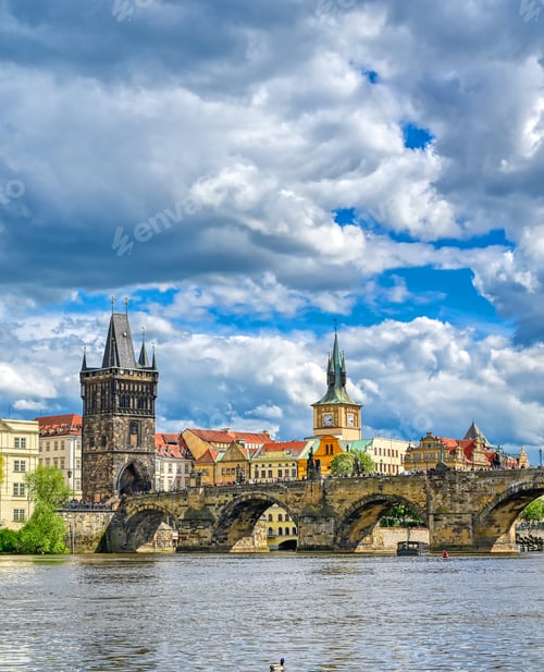 Preview: A View Of Old Town Prague And The Charles Bridge Across The Vltava River In Prague, Czech Republic.