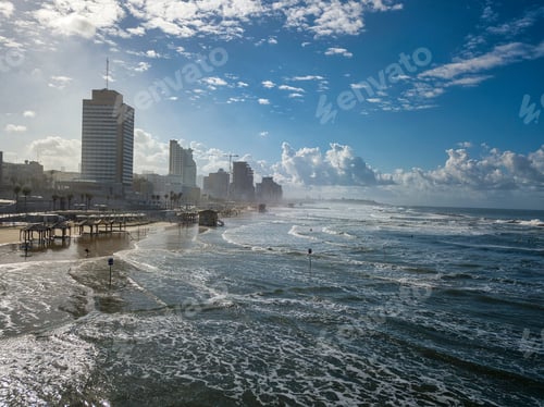 Preview: Tel-Aviv Seaside View. Surfers Enjoy The Sea Surf. Modern Hotels On Seafront. Remembering