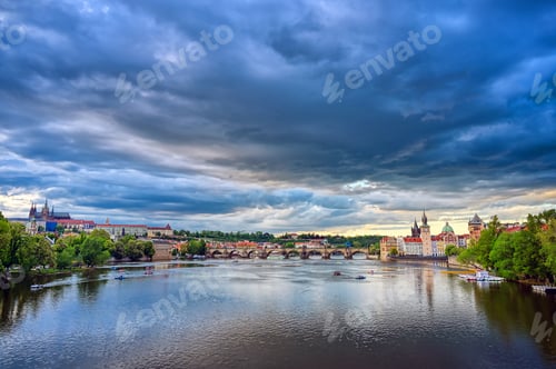 Preview: A View Of Old Town Prague And The Charles Bridge Across The Vltava River In Prague, Czech Republic.