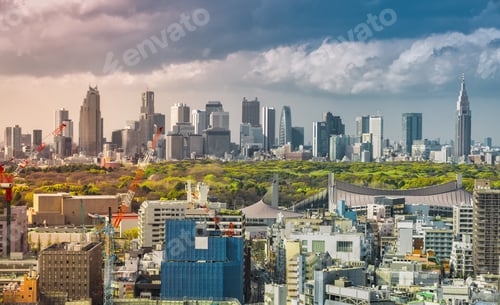 Preview: Tokyo Skyline With Shinjuku Skyscrapers And Yoyogi Park, Japan. Light Leak Effect