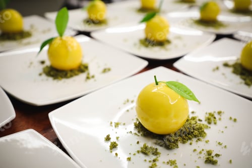 Preview: Delicious Restaurant Dessert From Apples, Mint And Caramel Glazed In Form Of Small Apples With