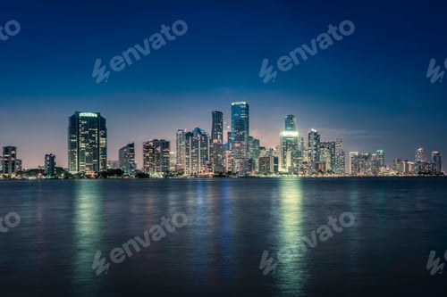 Preview: Miami City Downtown At Night In South Florida. Blue Tone