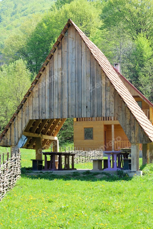 Preview: Wooden House In Mountains. Concept Of Resort.