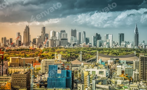 Preview: Tokyo Skyline With Shinjuku Skyscrapers And Yoyogi Park, Japan. Light Leak Effect With Vintage