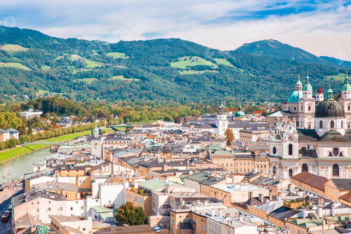Preview: View Of The City Of Salzburg Austria With Buildings, Castle And Hills