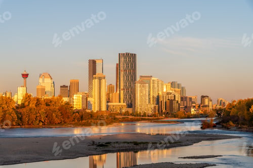 Preview: View Of Calgary'S Skyline Along The Bow River During An Autumn Sunrise.