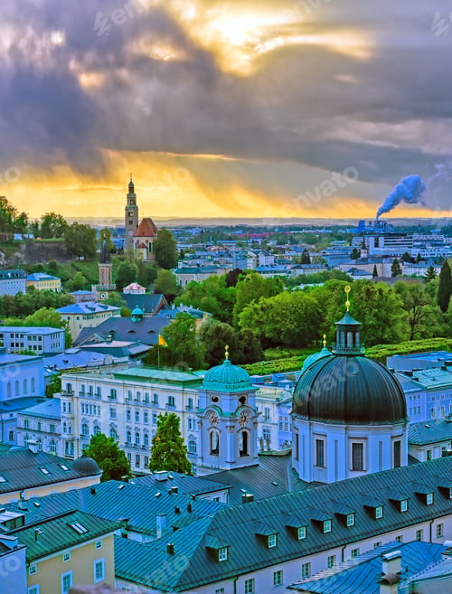 Preview: An Aerial View Of Salzburg, Austria Along The Salzach River During A Storm.