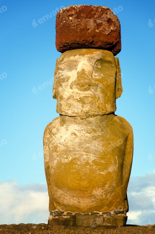 Preview: Vertical View Of A Moai With A Pukao On Its Head On Easter Island In Chile