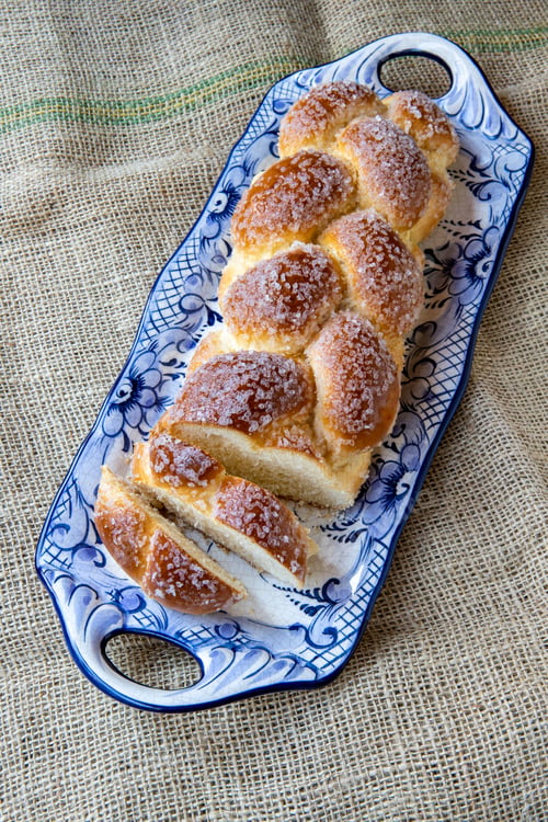 Preview: Sweet Twist Bread, Typical Of Brazilian Bakery, On Dish Decorated In Blue On Rustic Jute Tablecloth