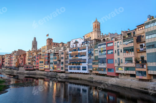 Preview: Colorful Buildings On The Onyar River In Girona, Spain Taken During The Blue Hour
