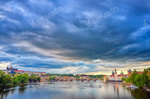 Preview: A View Of Old Town Prague And The Charles Bridge Across The Vltava River In Prague, Czech Republic.
