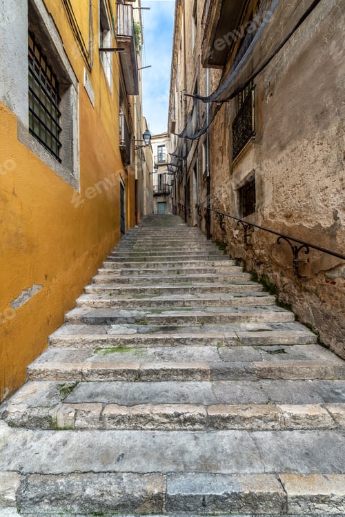 Preview: Stairs On A Narrow Pedestrian Street In Historic Girona, Spain