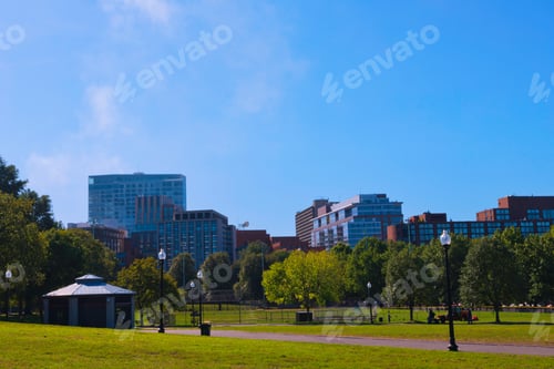 Preview: Boston Usa Public Garden, Common Frog Pond And City Skyline.