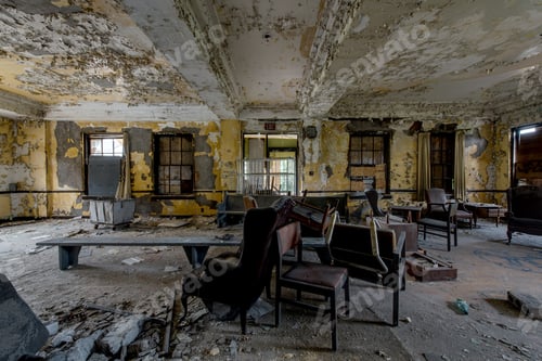 Preview: Inside A Lobby Full Of Furniture In A Long Abandoned Hospital And Nursing Home.