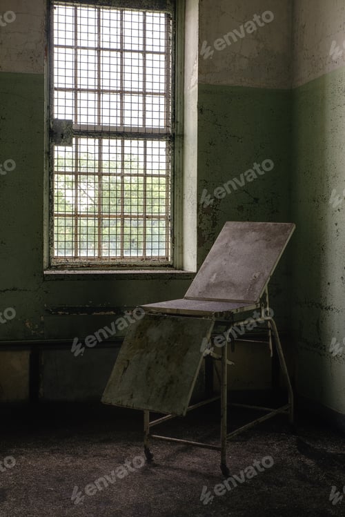 Preview: A Derelict Chair And Window Surrounded By Grimy Peeling Paint Inside An Abandoned Hospital.