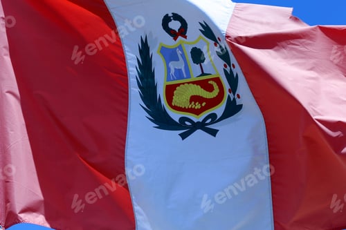 Preview: Peruvian Flag , Blowing In The Wind With Blue Sky On Background