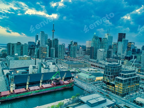 Preview: Beautiful Panorama Of Toronto Skyline At Sunset In Ontario, Canada. Aerial View Photograph
