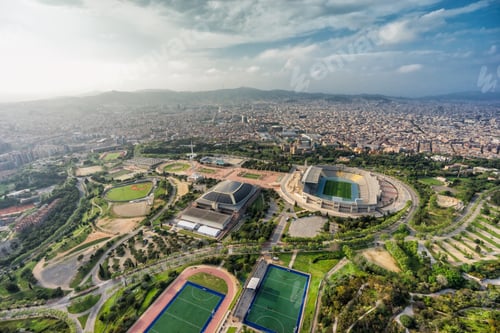 Preview: Barcelona Aerial Panorama, Sport Complex On The Top With City Skyline , Spain
