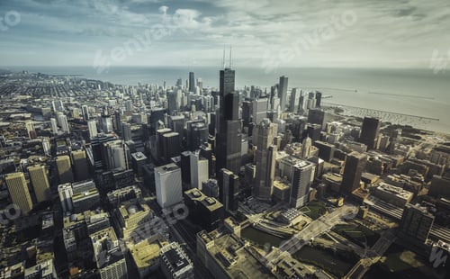 Preview: Chicago Skyline Aerial View With Downtown Skyscrapers, Vintage Colors