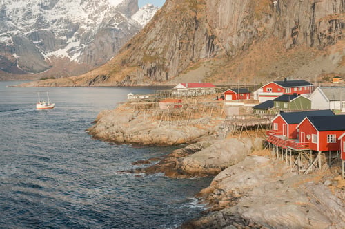 Preview: Picturesque Red Fishing Huts, Called Rorbu In The Hamlet Of Hamnoy,Lofoten Islands, Norway