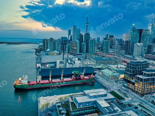 Preview: Beautiful Panorama Of Toronto Skyline At Sunset In Ontario, Canada. Aerial View Photograph