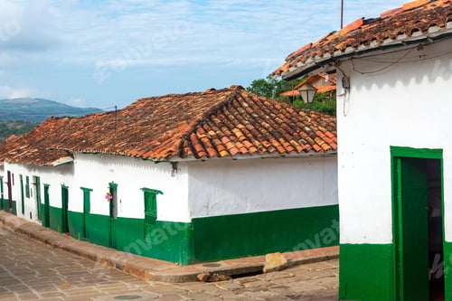 Preview: Green And White Colonial Street Corner In Barichara, Colombia