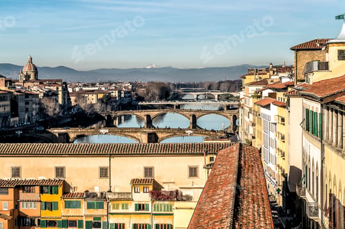 Preview: Florence, Italy - January 2, 2015. View Of Bridges Over Arno River In Tuscany. Sunny Winter Day.