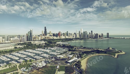 Preview: Chicago Skyline Aerial View With Marina Full Of Boats, Vintage Colors