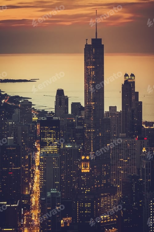 Preview: Chicago Downtown Skyscrapers At Sunset, Aerial Helicopter View, United States