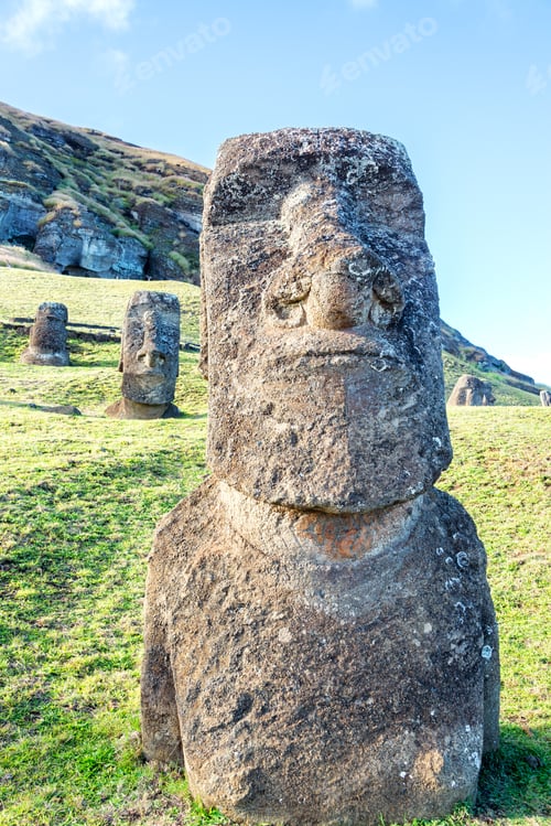 Preview: Three Standing Moai Statues At Rano Raraku On Easter Island