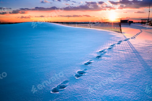 Preview: Winter Scene Under Color Sky At Sunset On Snow Covered Beach. Jones Beach State Park., Long Island